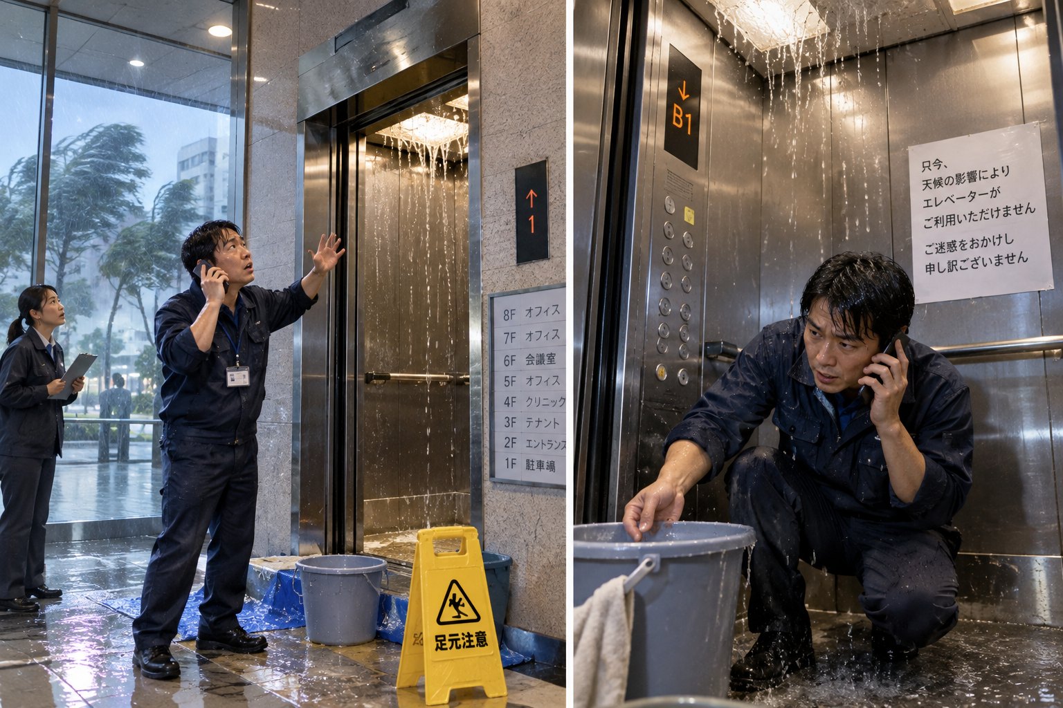 台風の夜、エレベーター内に水が入り、管理員が電話で連絡している様子(イメージ)