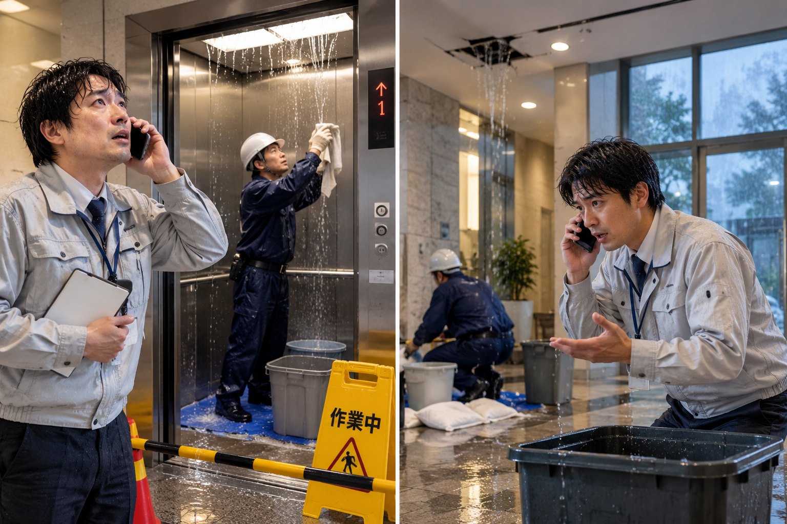 雨漏りで水が流れ込んだエレベーター前で、技術者が電話で状況を伝えている様子(イメージ)