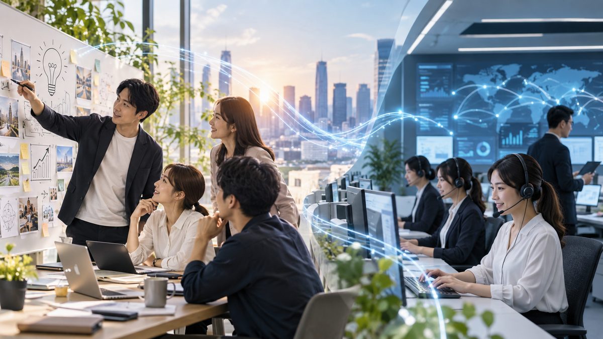 仕事に集中する社員と、代わりに電話を受けるオペレーター（イメージ）