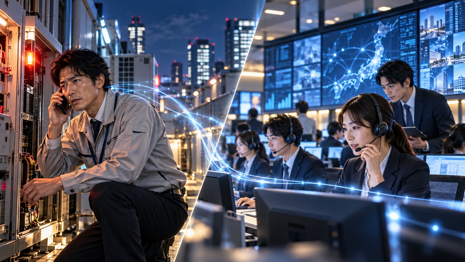 現場の技術者からの電話を、MGAのセンターが受けている様子（イメージ）