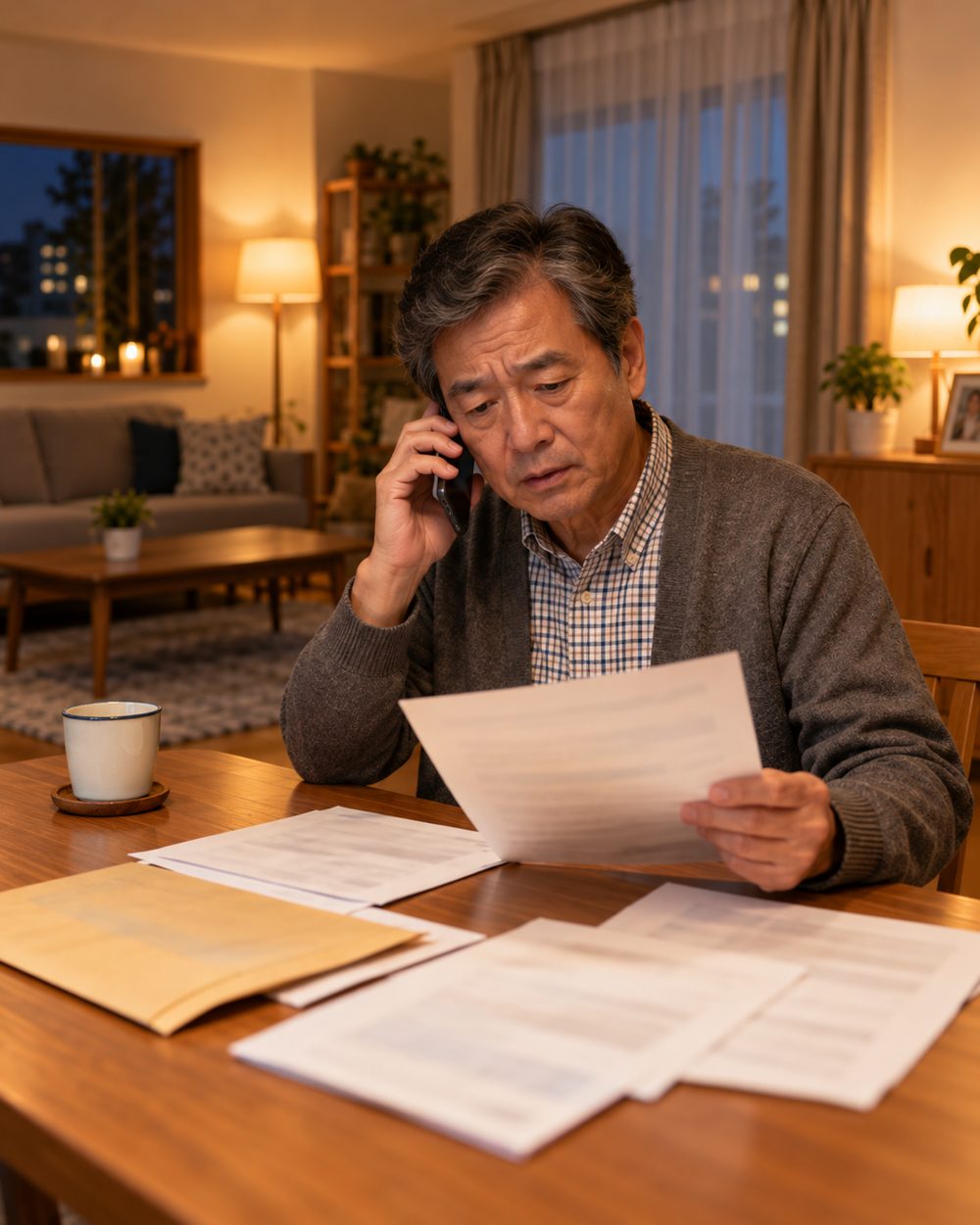 夜の自宅で、役所から届いた書類を見ながら電話をかける男性（イメージ）