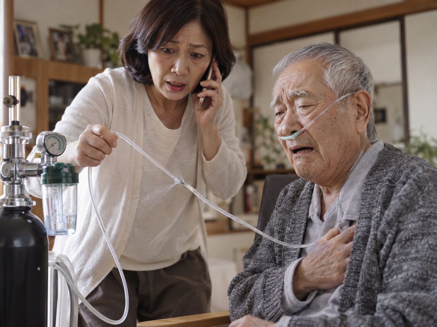 在宅酸素のチューブ破損で、家族が慌てて電話をかけている様子（イメージ）