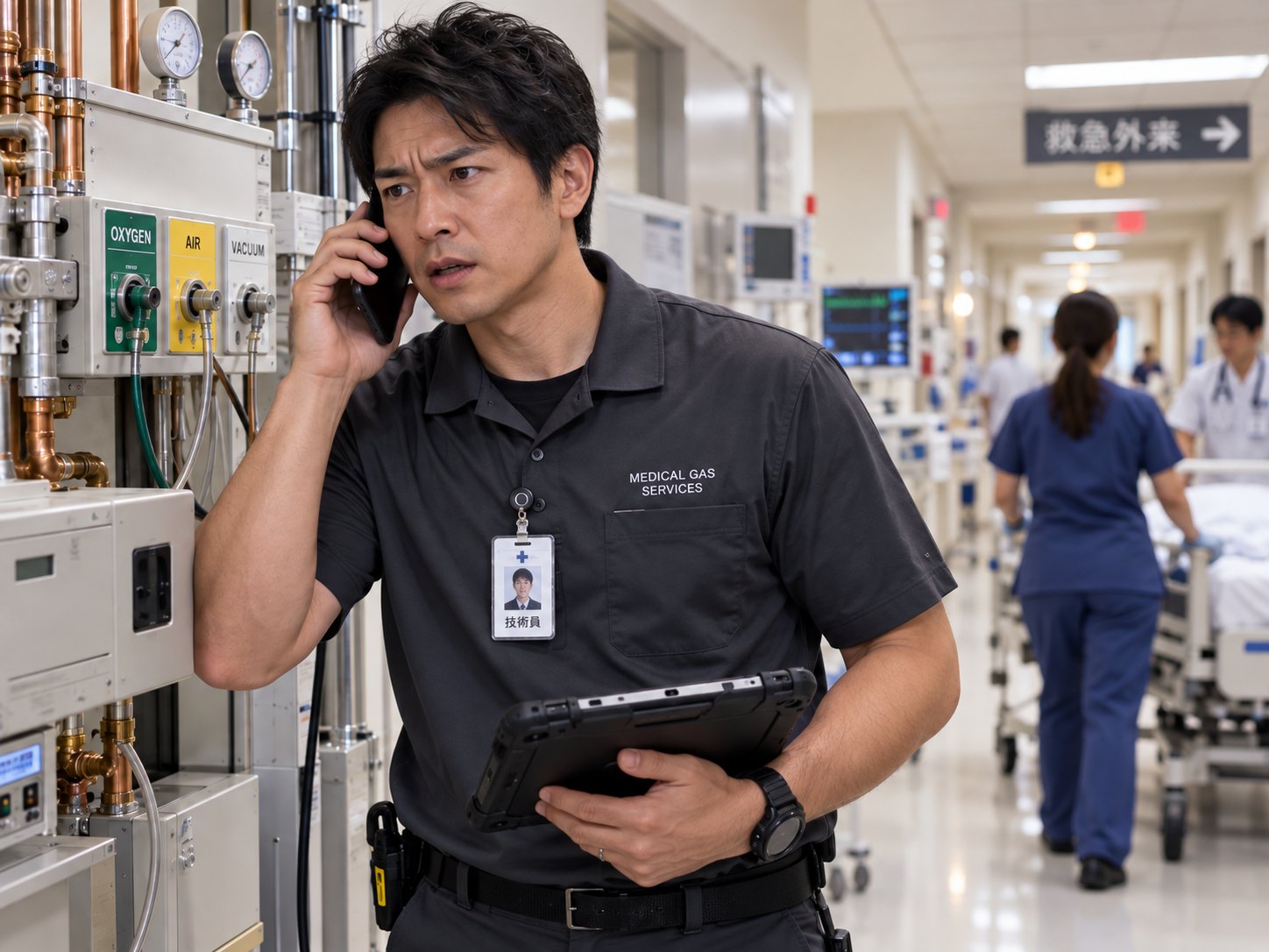 病院の医療ガス設備の前で、電話で連絡を受ける技術員（イメージ）