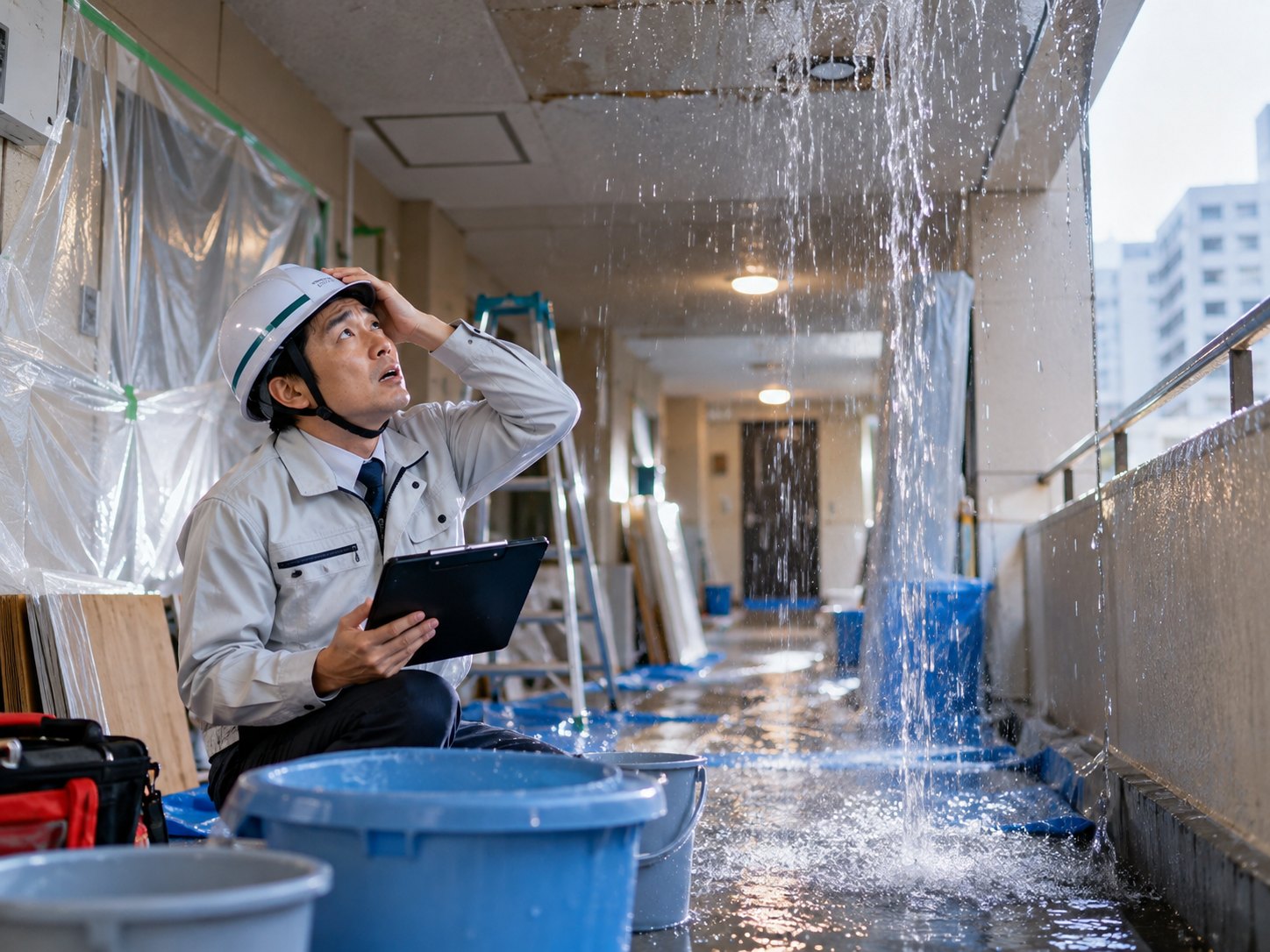 大規模修繕中のマンション廊下で雨漏りを見上げる担当者（イメージ）