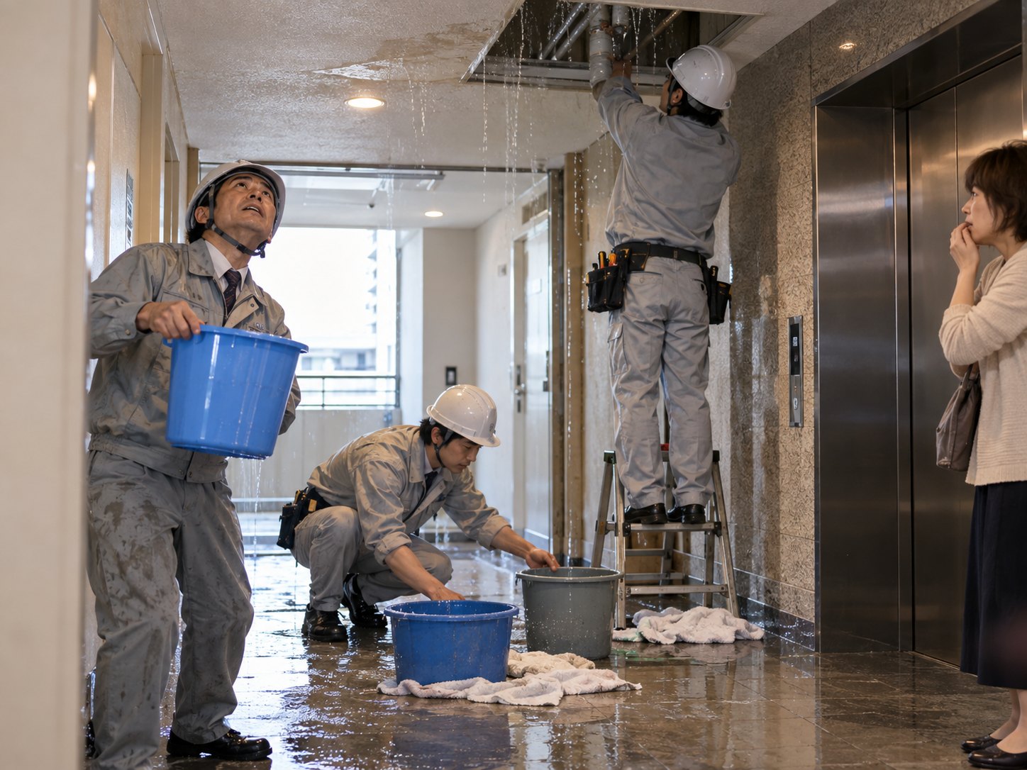 共用廊下の漏水に対応する作業員と、様子を見守る入居者（イメージ）